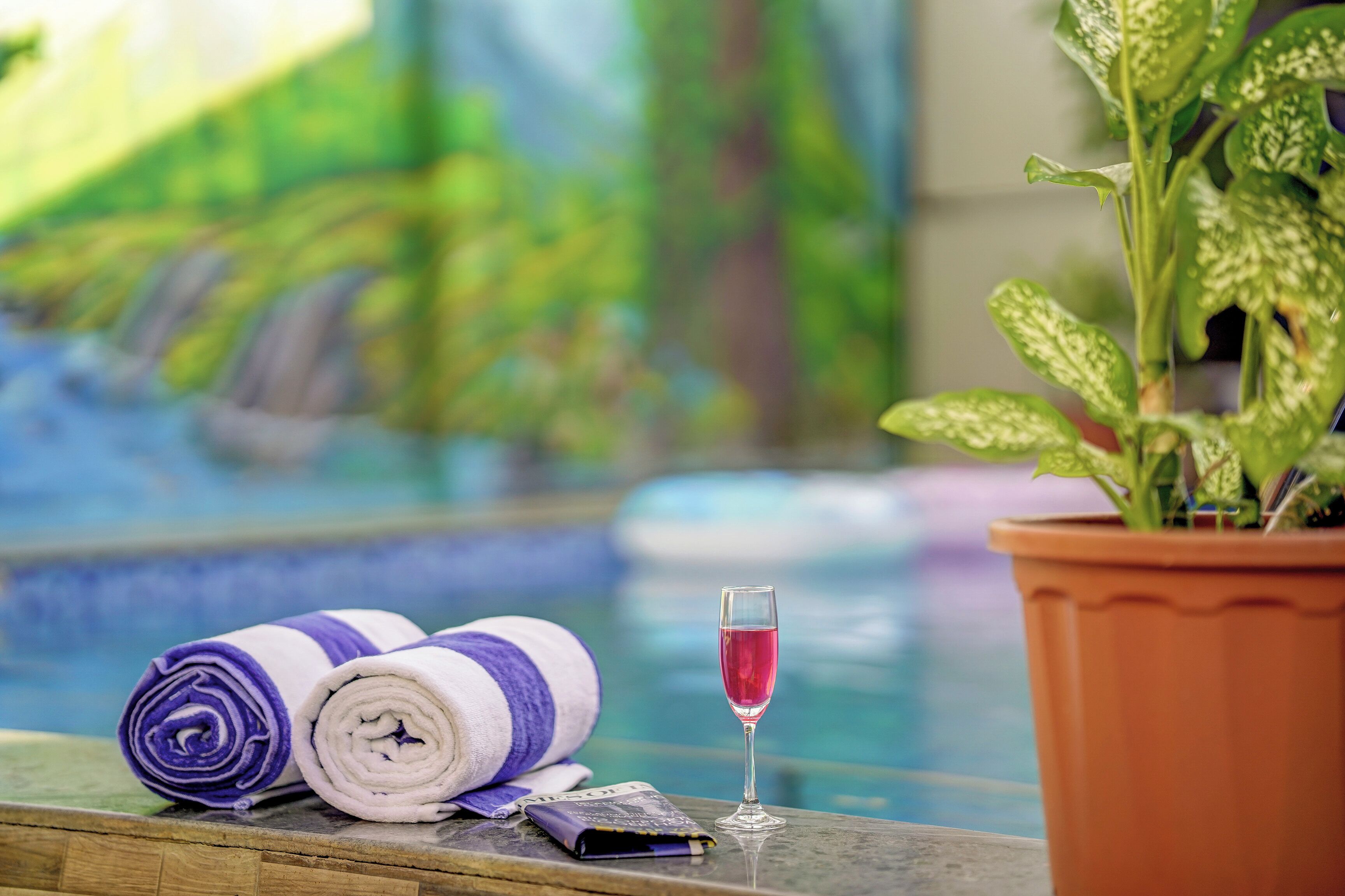 A poolside area with a glass of red wine, rolled towels, and a potted plant.
