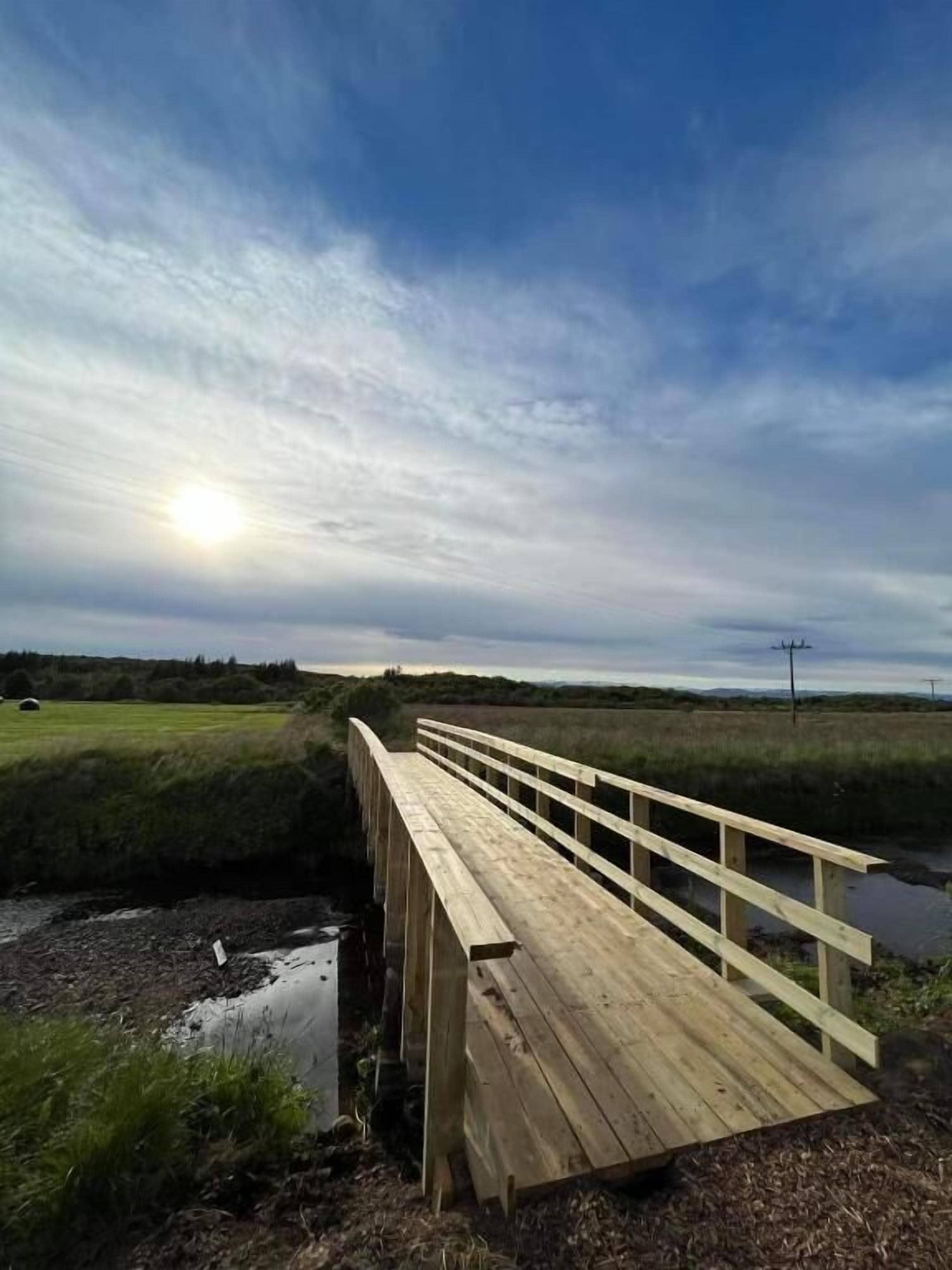 Un puente de madera sobre un cuerpo de agua, con un paisaje cubierto de hierba y un cielo nublado.
