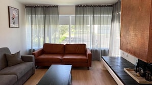 A living room with a sofa, a coffee table, and a fireplace. - Eiðar Hostel and Apartments (Eiðar)