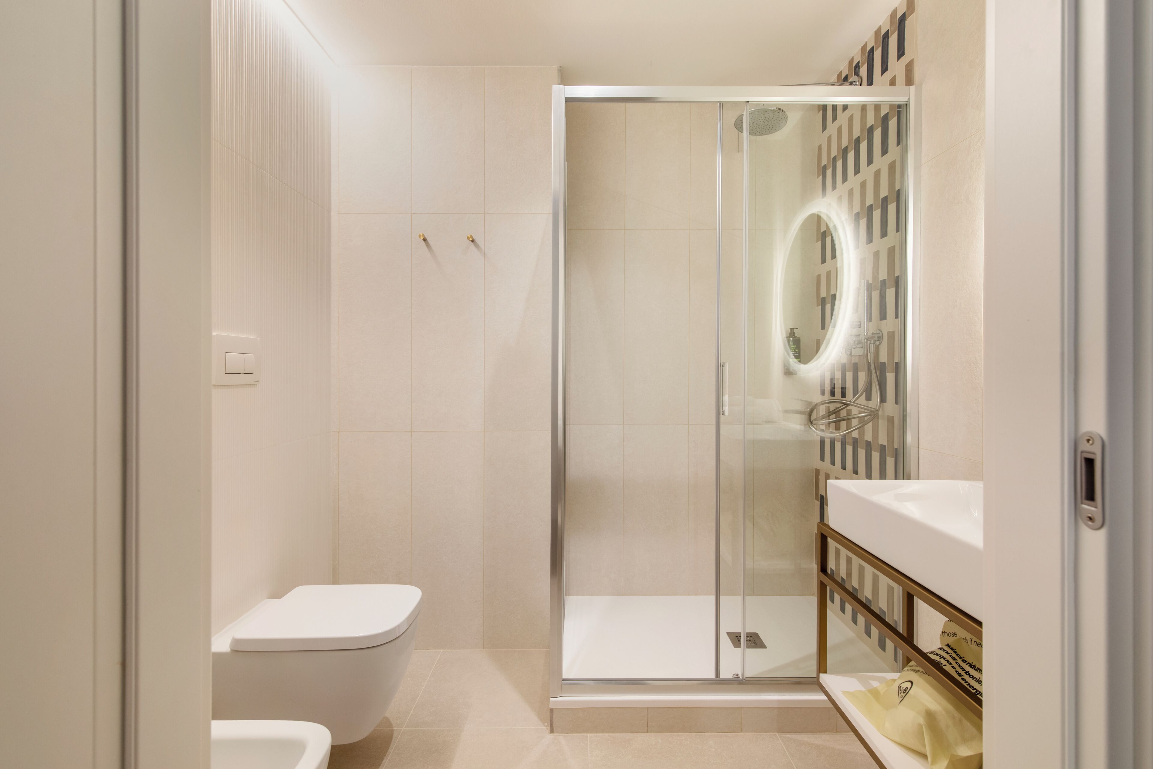 Hair dryer, bidet, towels, soap