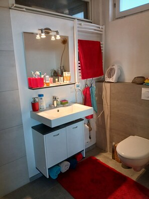 Douche, sèche-cheveux, serviettes fournies, savon