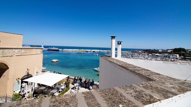 A coastal town with a clear view of the sea, a marina, and a building with a terrace overlooking the water. - C-Home Otranto – Design Apartment with Panoramic Terrace (Otranto)