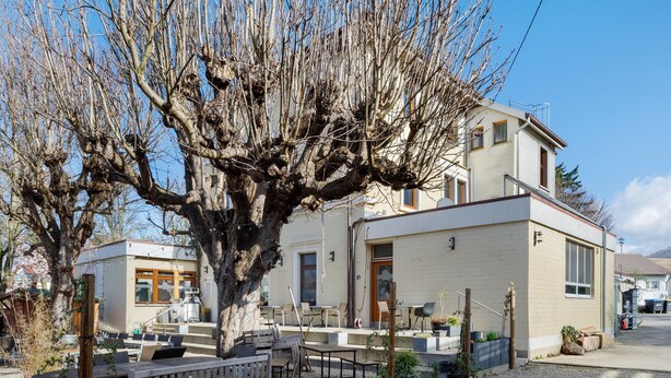 Un edificio con un árbol grande en primer plano, mesas al aire libre y una pequeña estructura con ventanal.