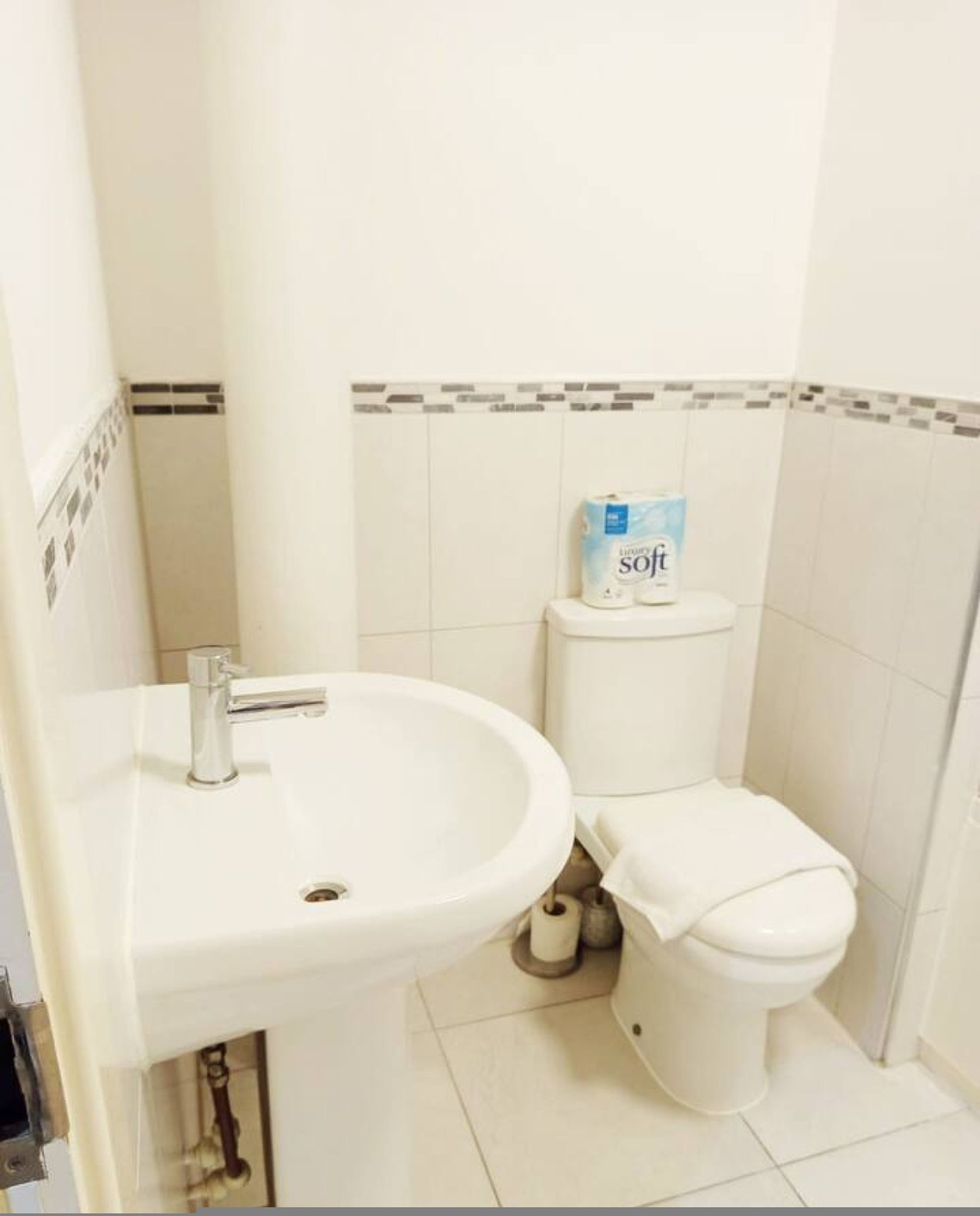 A bathroom with a white sink, toilet, and a roll of toilet paper on the toilet.