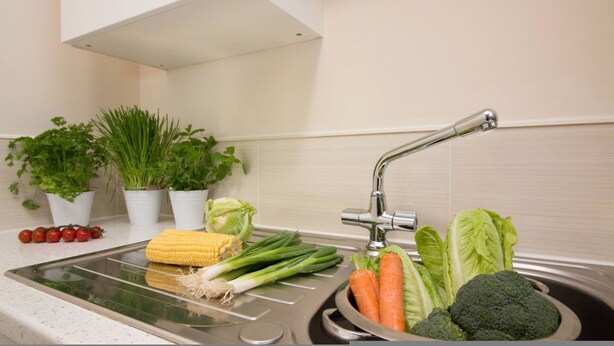 Una cocina con un lavamanos de acero inoxidable, hierbas en macetas y verduras frescas.