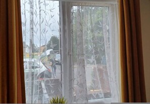 Ein Fenster mit vorhängeartigen floralen Mustern, Blick auf eine Straße mit Autos und ein Blumentopf am Fensterbrett.