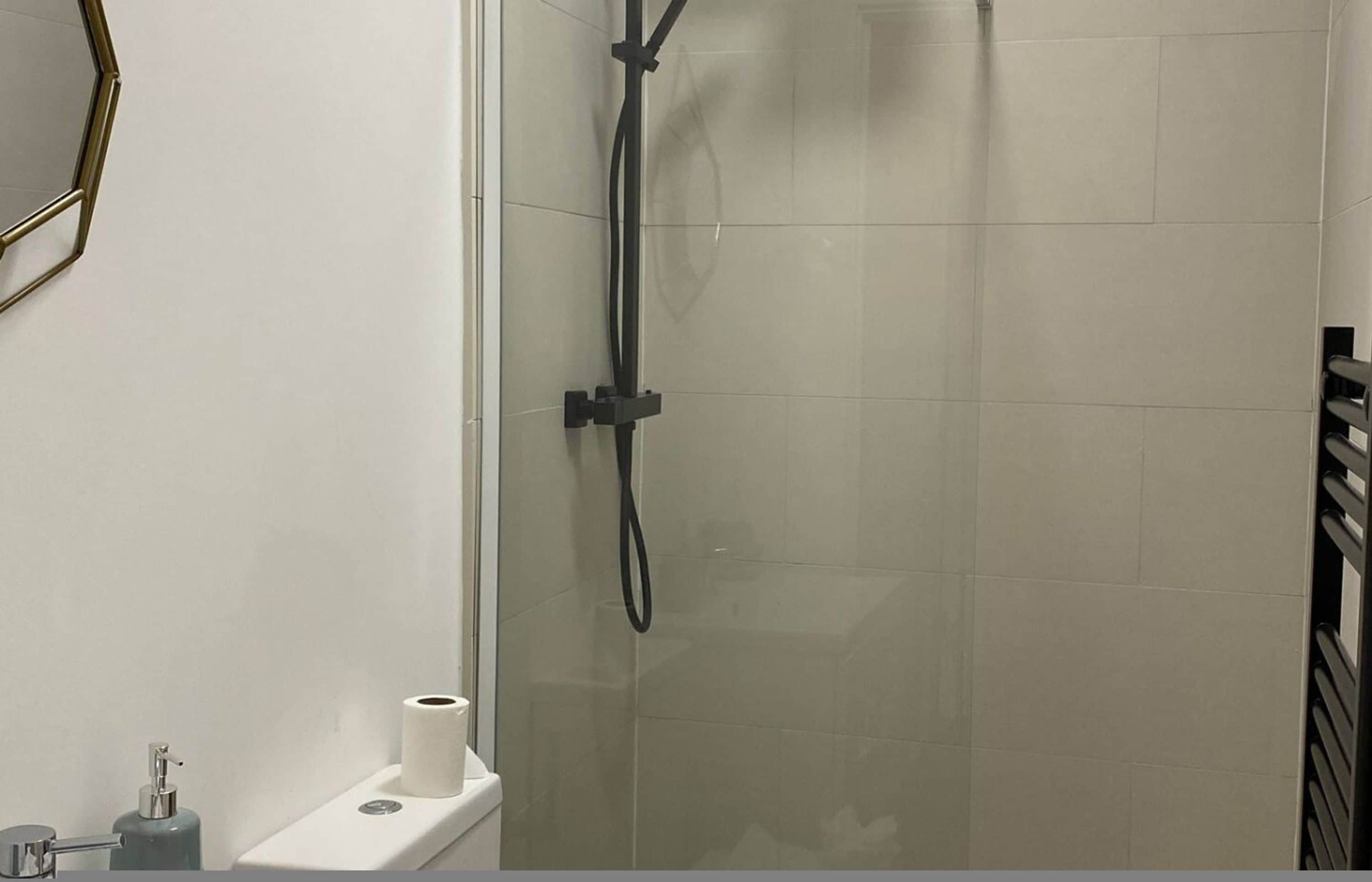 Eine Dusche mit Glastür, eine Toilette mit Papierhandtuchhalter und ein Seifenspender.