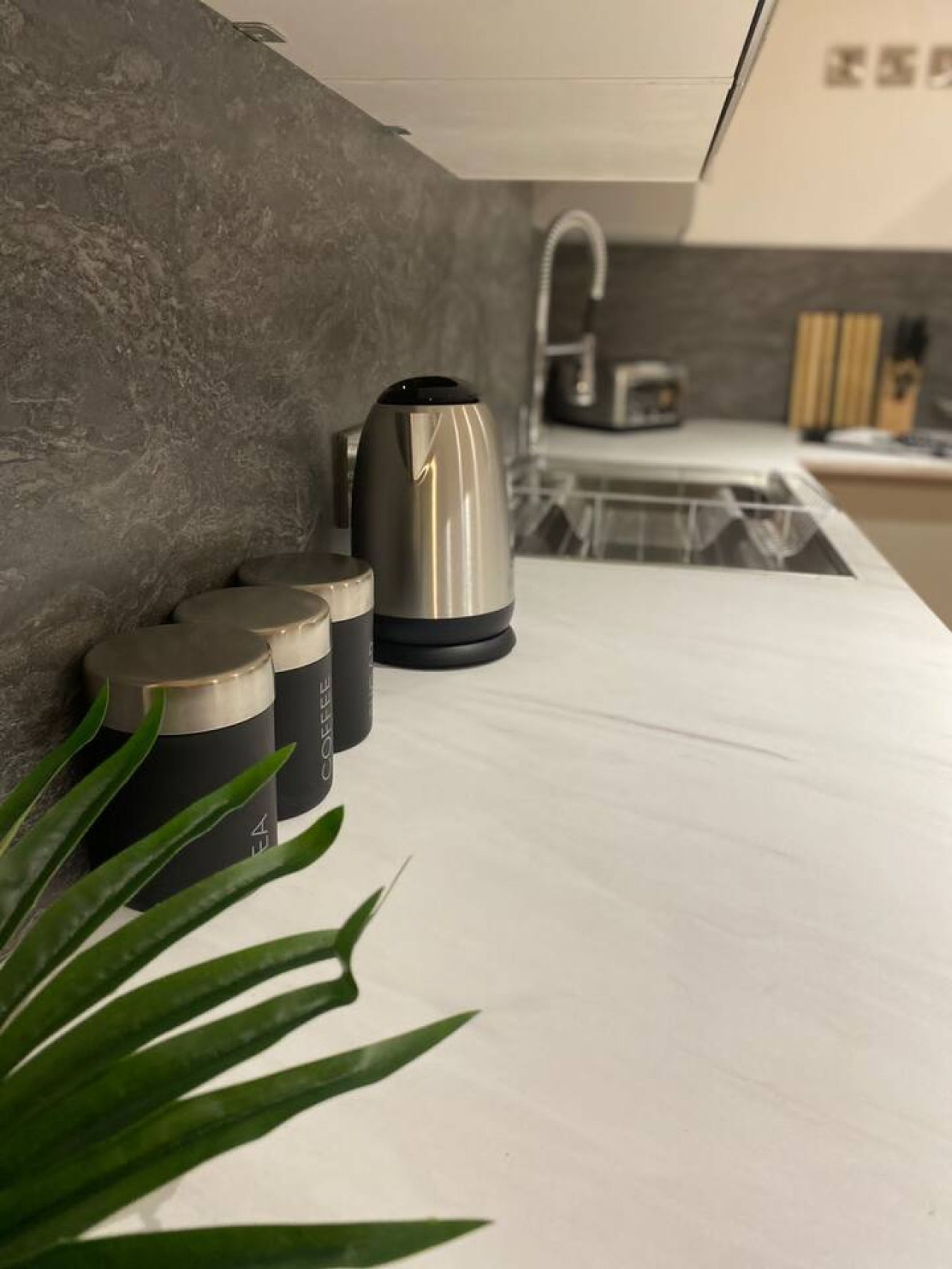 A kitchen with a modern design, featuring a stainless steel kettle, a coffee maker, and two containers on the counter.