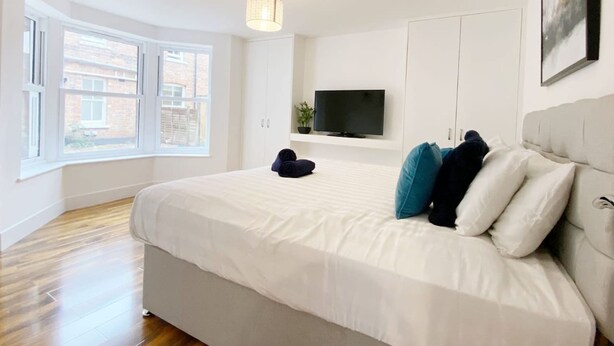 A bedroom with a large bed, a TV on a stand, a window, and a ceiling light. - De Pary 2 Modern Bedford Apartment- Near Town Centre (Bedford)