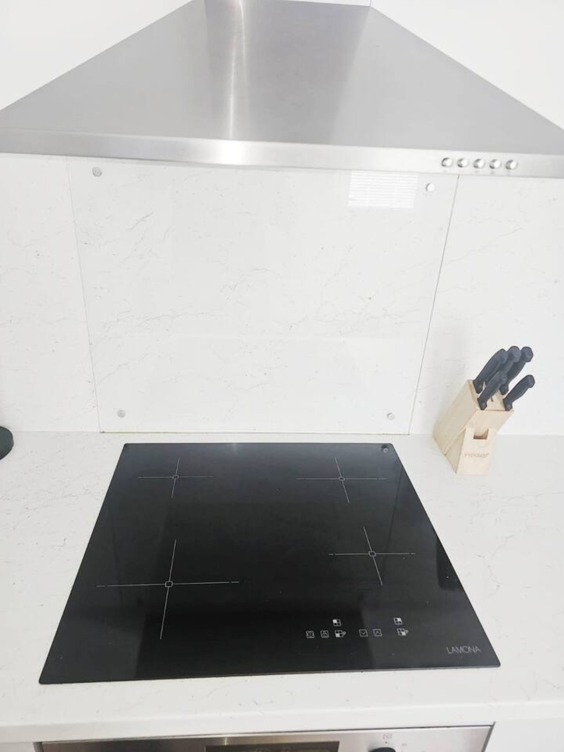 A kitchen with a black induction cooktop, a stainless steel range hood, and a knife block on the countertop.