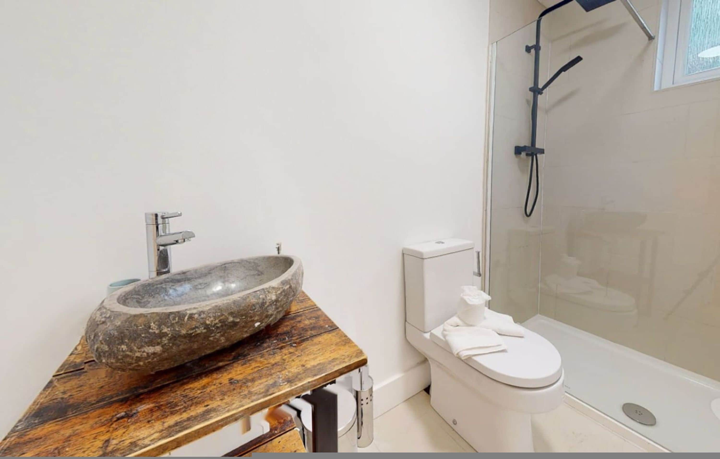 A bathroom with a stone sink, a toilet, and a glass-enclosed shower.