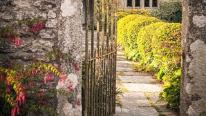 Ein rundbogenförmiges Steintor, das zu einem Gebäude mit einem Gartenweg führt.