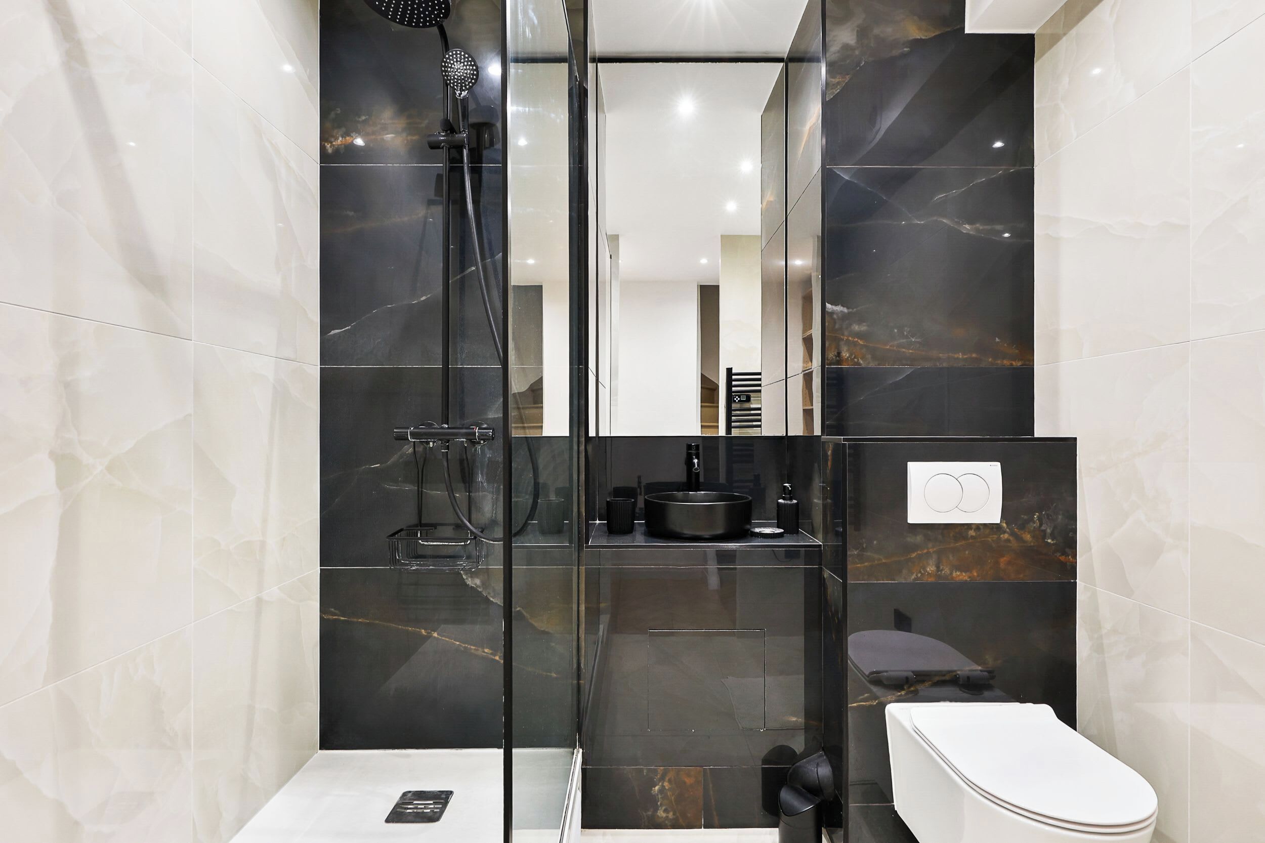 Shower, hair dryer, shampoo