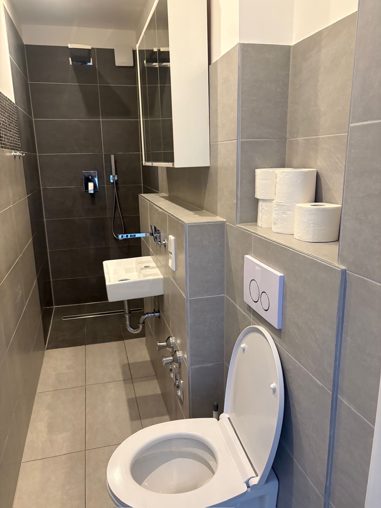 A modern bathroom with a toilet, sink, and shower area.