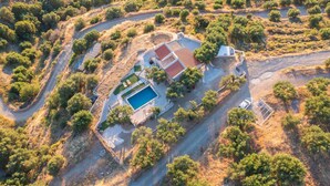 Vista aérea de una propiedad con piscina, un edificio de techo rojo y vegetación circundante.