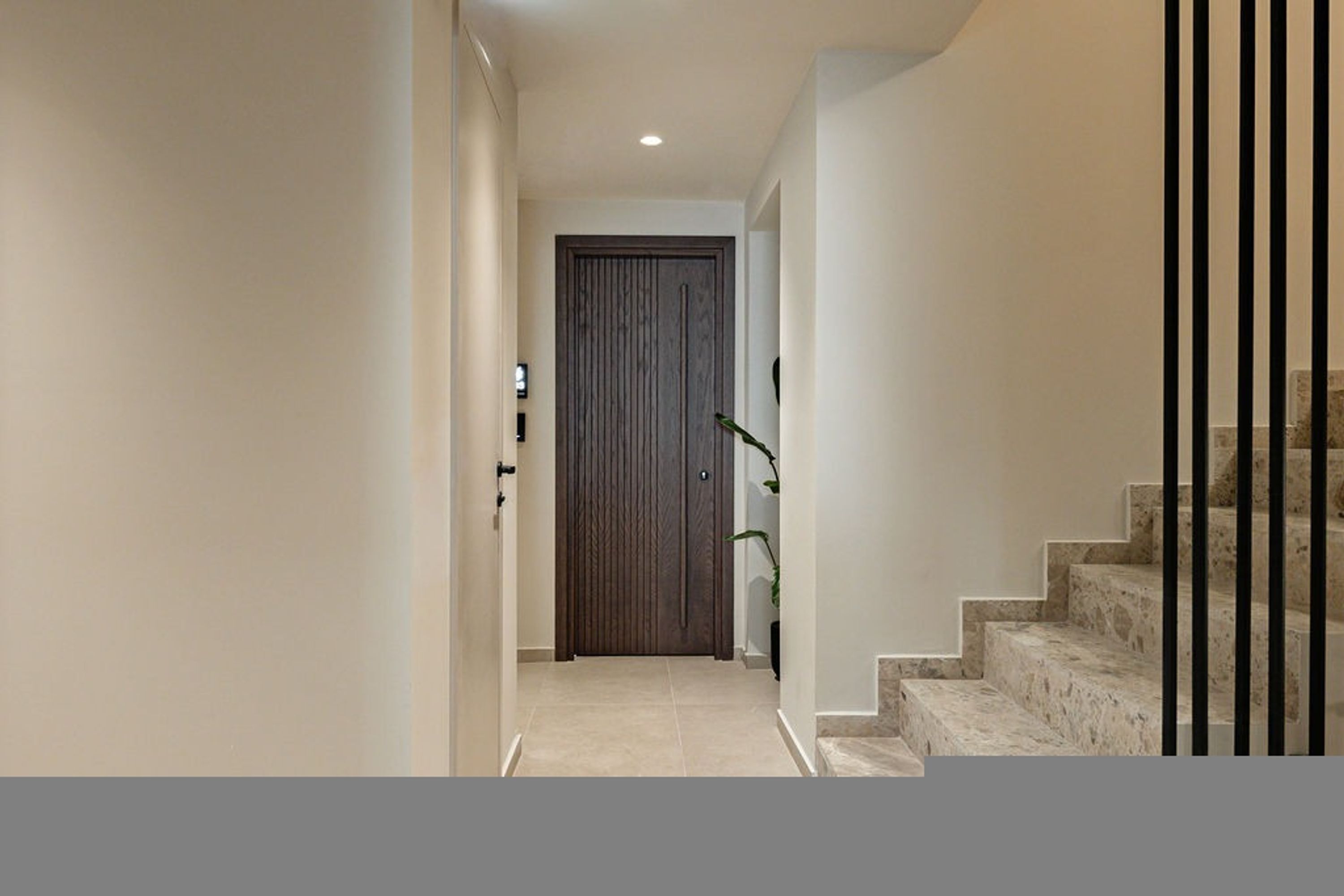 A hallway leading to a wooden door, a staircase with a black railing, and a potted plant.