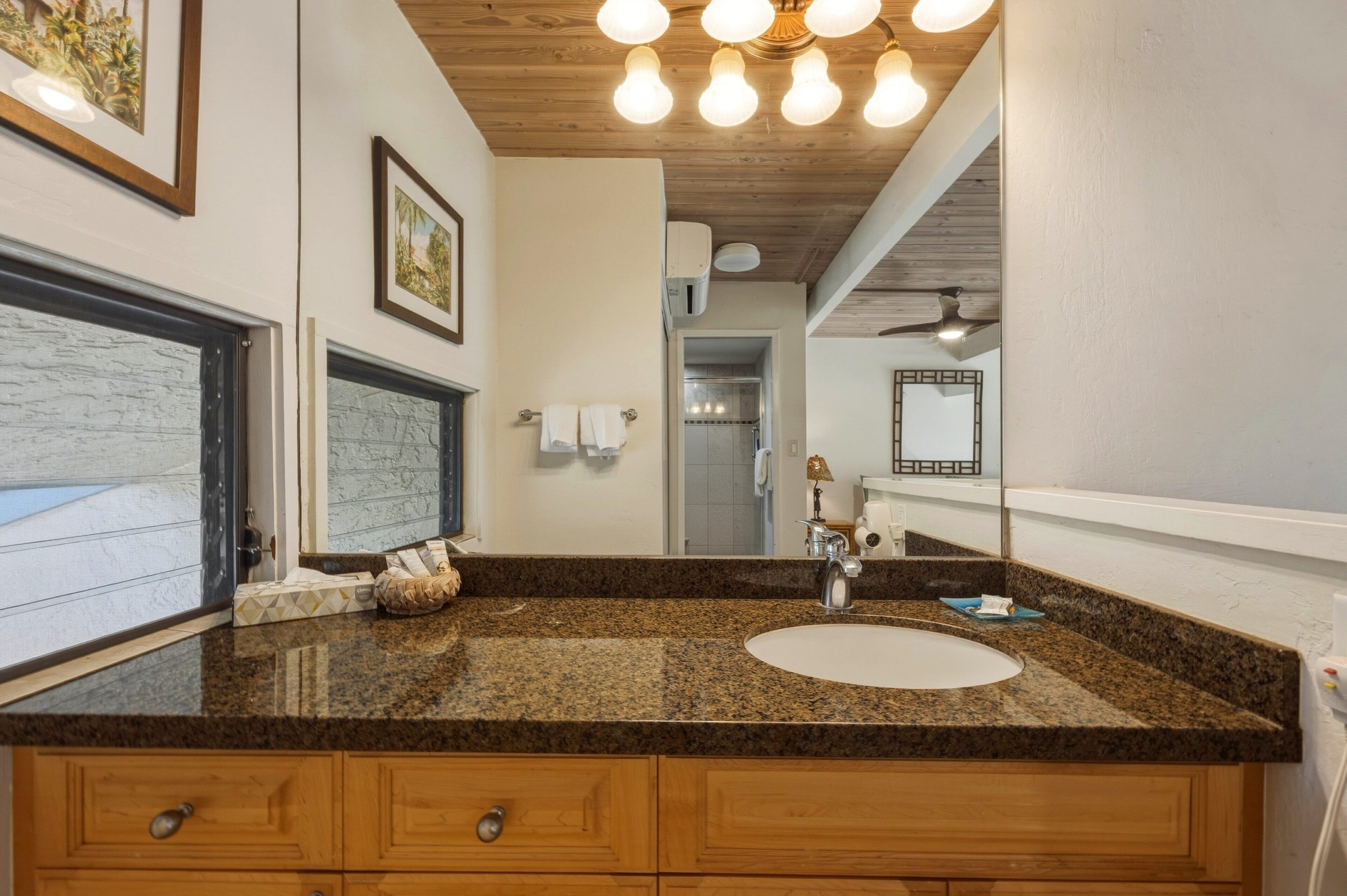 A bathroom with a granite countertop, wooden cabinets, a sink, and a mirror.