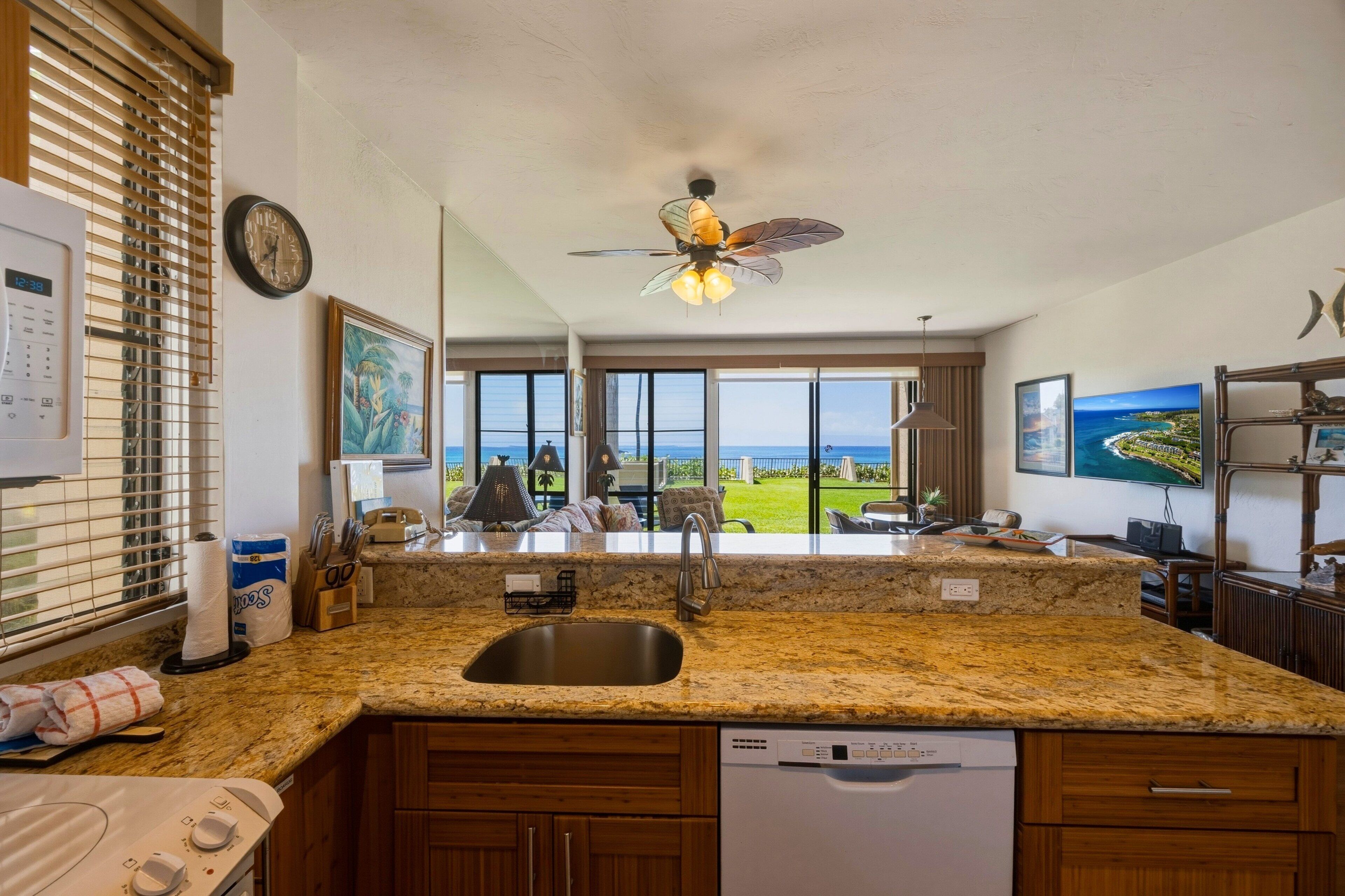 Una cocina con encimera de granito, lavavajillas integrado y vistas al exterior.