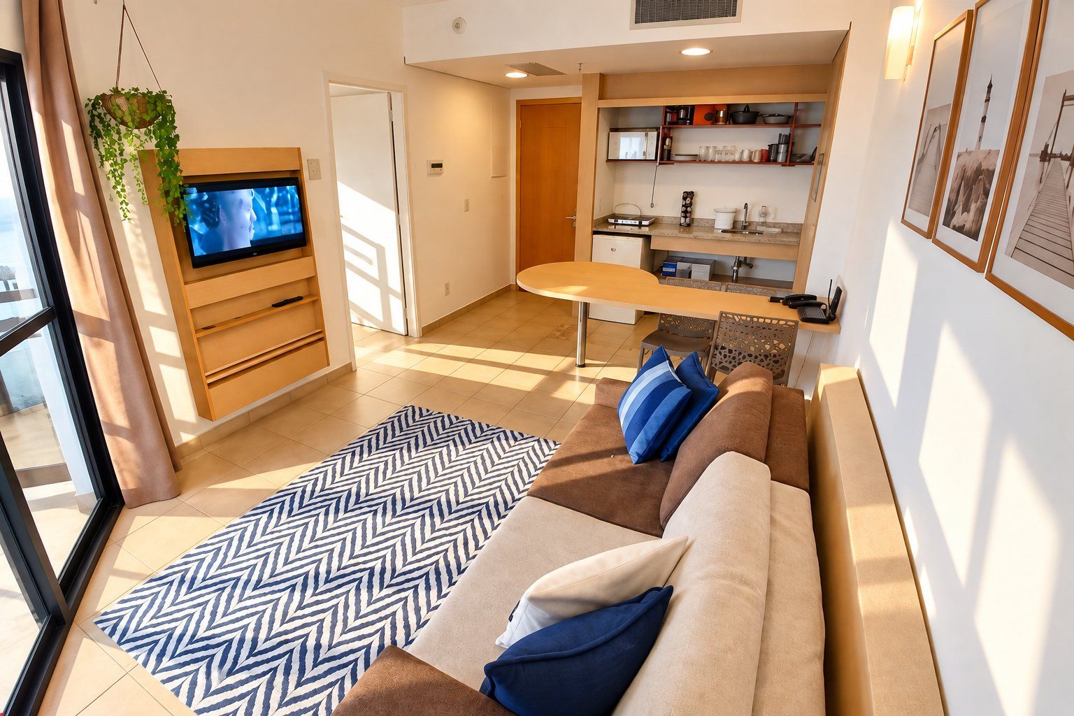 A modern living room with a sofa, a television, and a kitchen area with shelves.