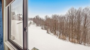 A window with a view of a snow-covered landscape and a row of leafless trees. - Seven Springs Meadowridge 3brloft Premier-cssv8011 3 Bedroom Condo (Champion)