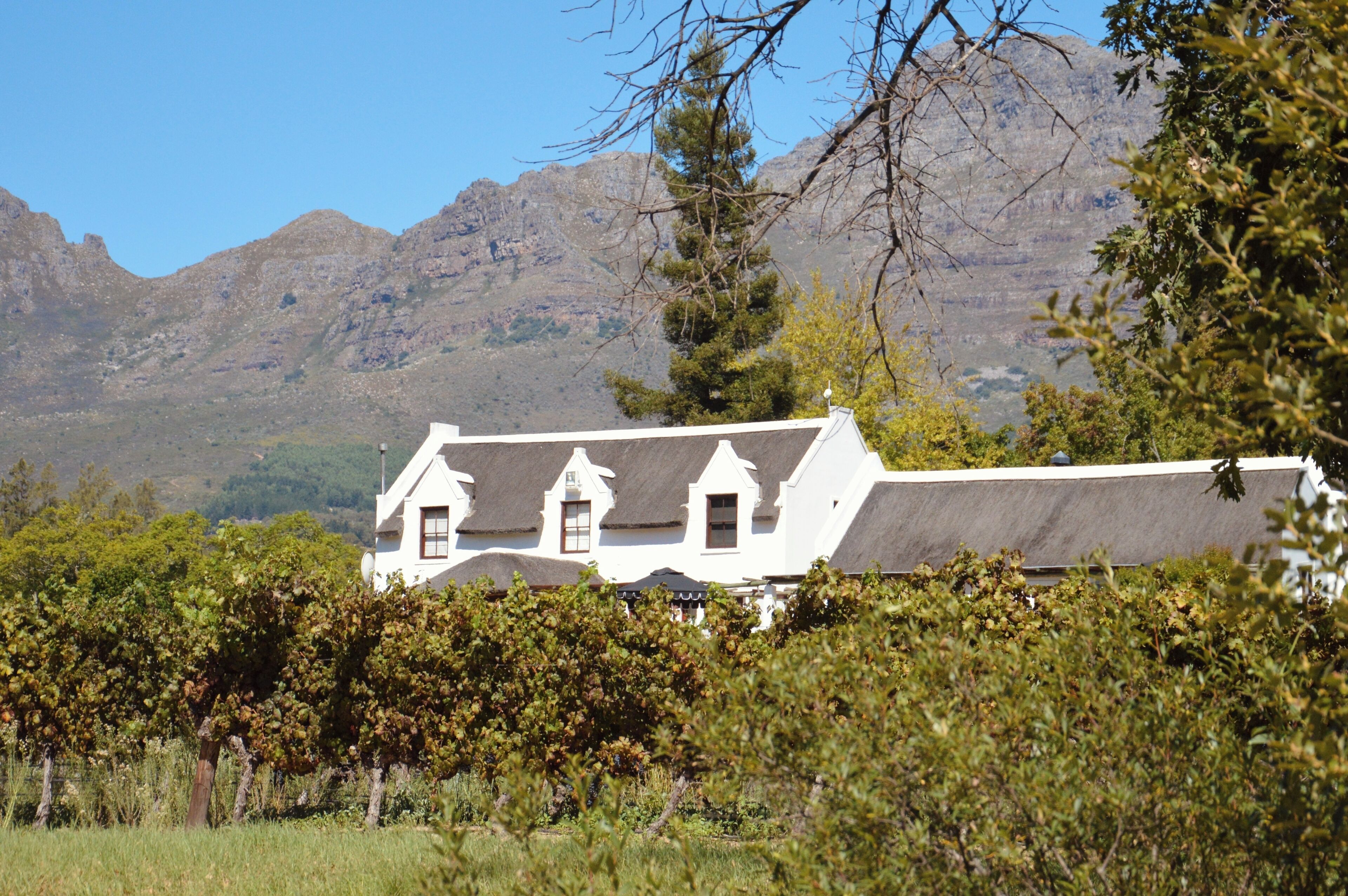 A white building with a sloped roof, surrounded by greenery and mountains in the background.