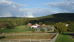 Paesaggio rurale con fienili, un recinto e una collina sullo sfondo.