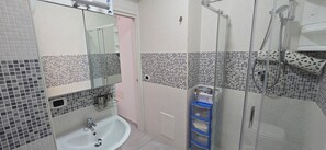 Shower, hair dryer, bidet, towels