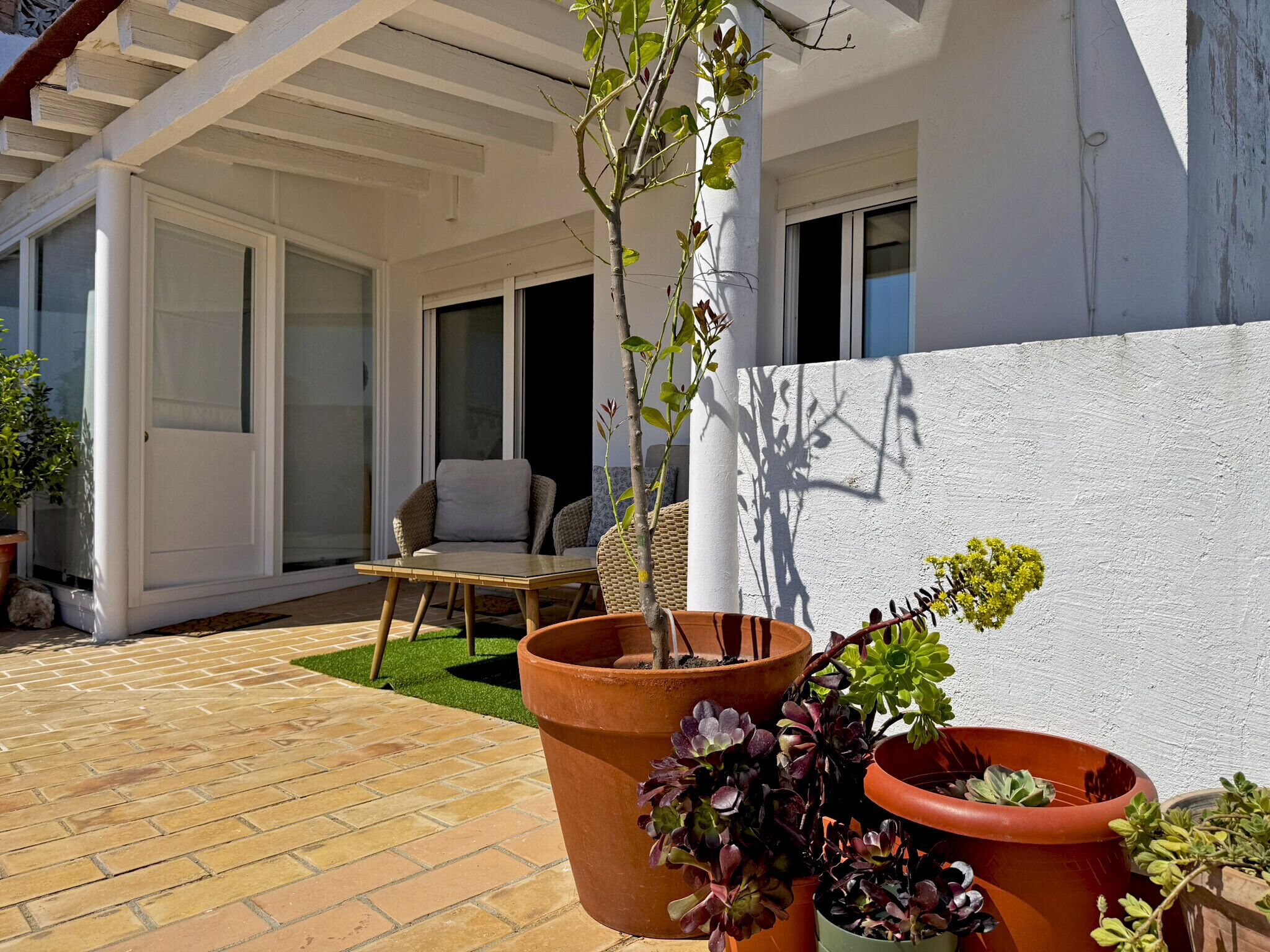Un patio con mesa y sillas, plantas en macetas y un edificio blanco con ventanas grandes.