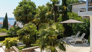 Area piscina con sedie a sdraio e una palma.