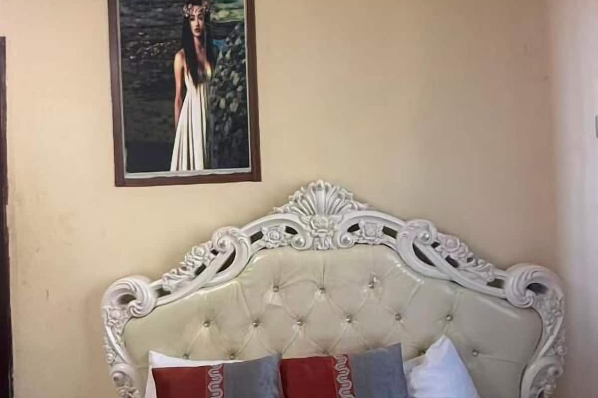 A bed with a tufted headboard, two pillows, a bedside table, and a framed picture on the wall.
