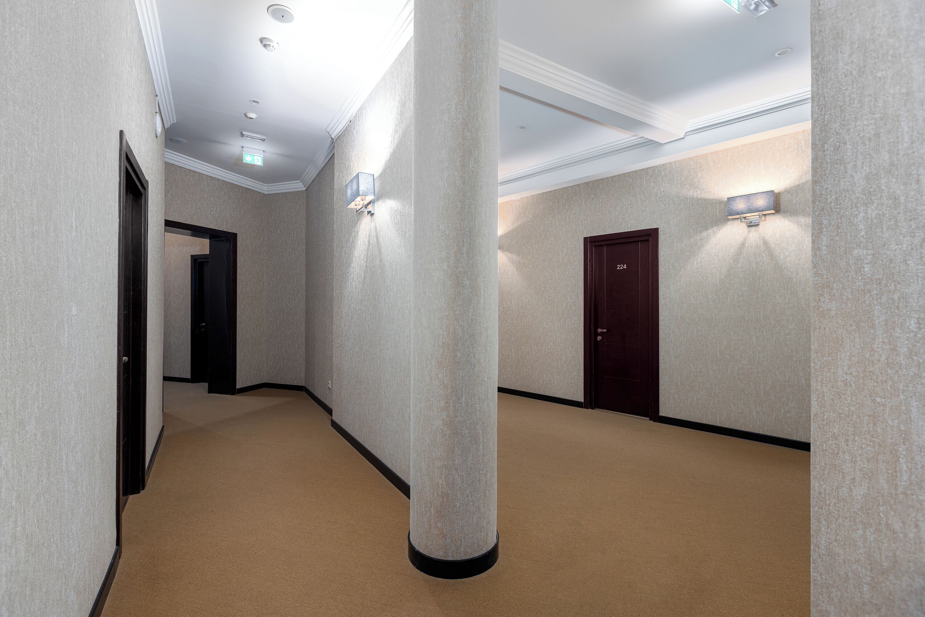 Een gang met een beige vloerkleed, witte muren en een donkerhouten deur.