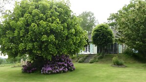 A house with a large tree and purple flowers in the front yard.