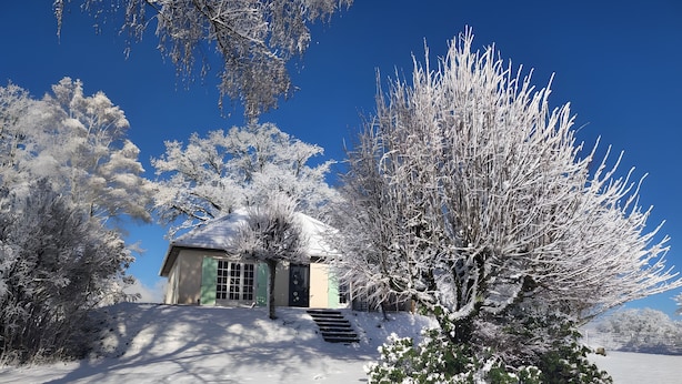 A snow-covered house with a green door, surrounded by snow-laden trees and a clear blue sky.
