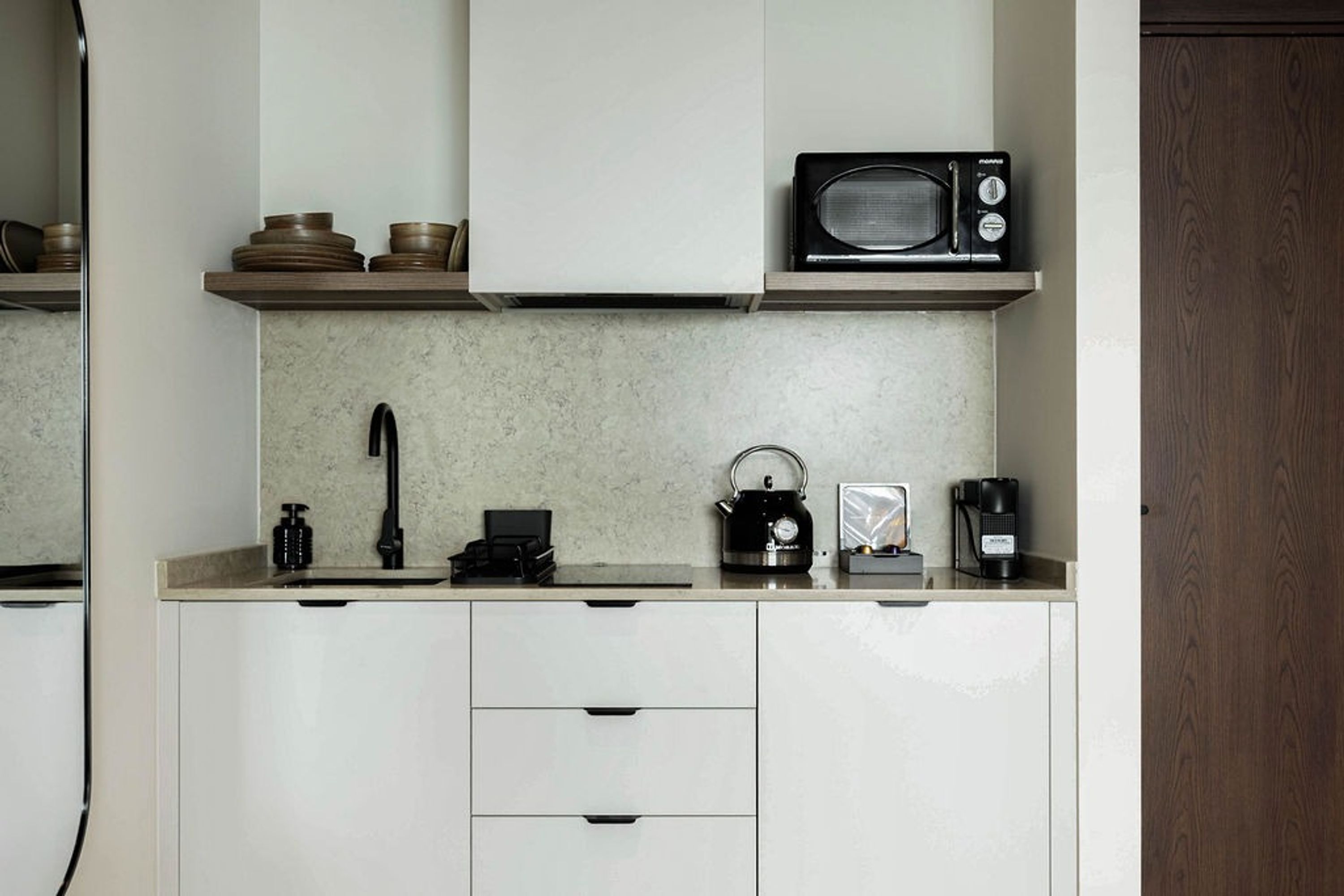 Fridge, microwave, coffee/tea maker, toaster