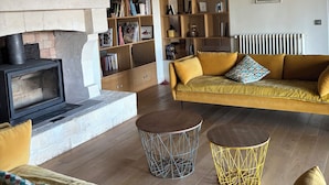 Un salon avec une cheminée, un ensemble de canapés, une bibliothèque et un luminaire suspendu.