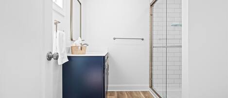 Shower, hair dryer, towels