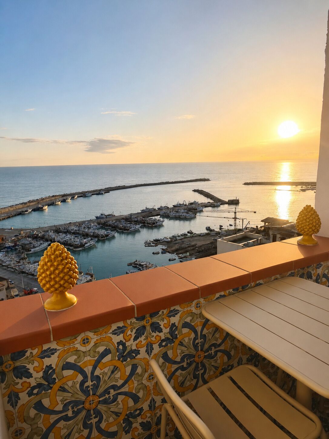 A balcony with a view of a marina and the sea during sunset.