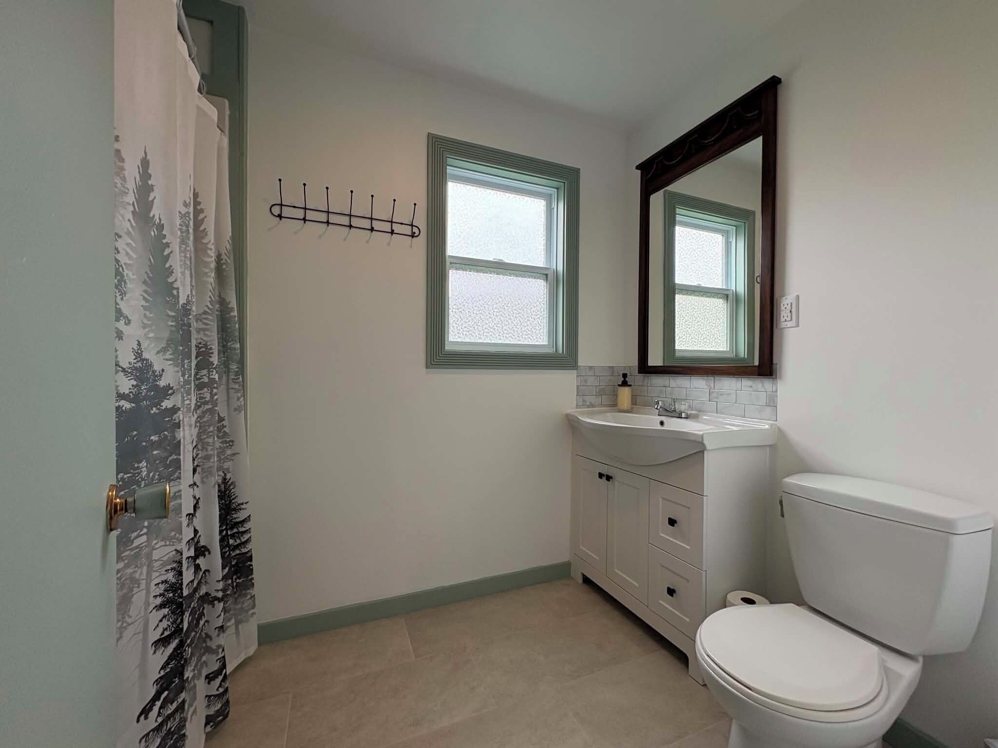 Une salle de bain avec des toilettes, un lavabo et un miroir.