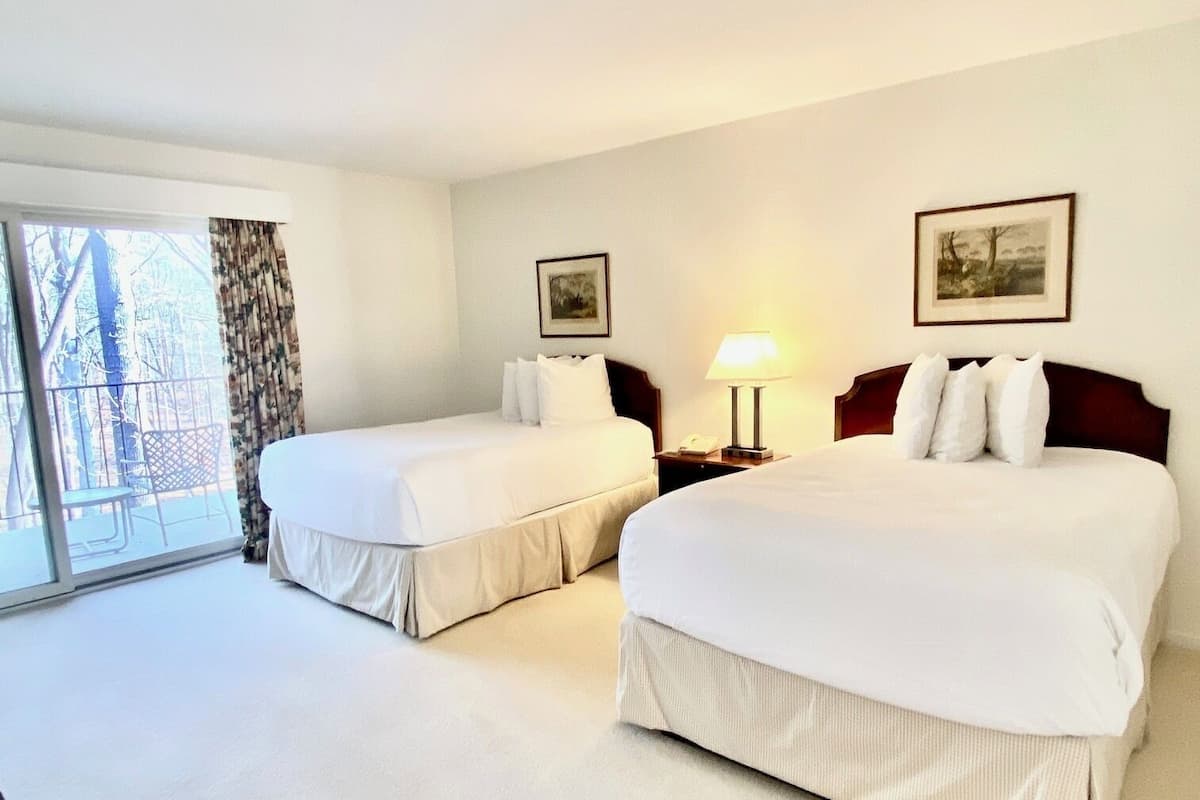 Une chambre d’hôtel avec deux lits, un bureau, une chaise, une fenêtre donnant sur des arbres et une lampe.