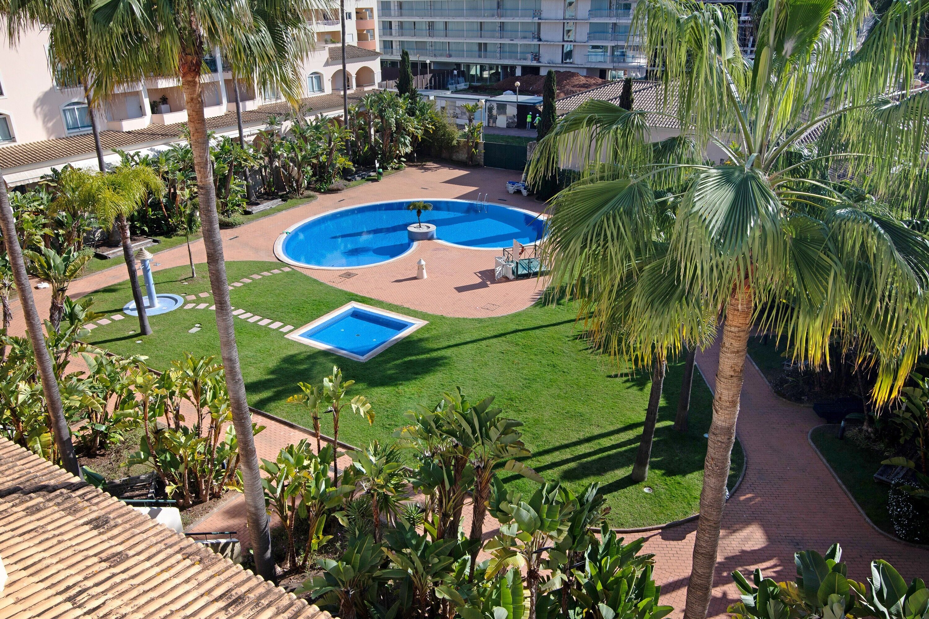Un patio de hotel con piscina, palmeras y un pequeño jardín.