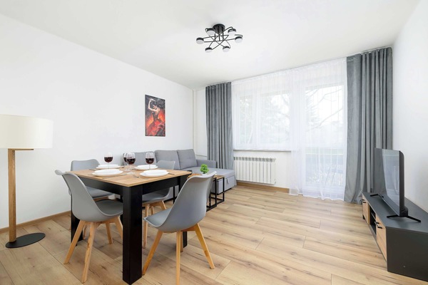 A dining table is centrally located in a bright room with light wood flooring and grey curtains. A flat-screen TV and a tall floor lamp are visible in the background, framing the eating area.
