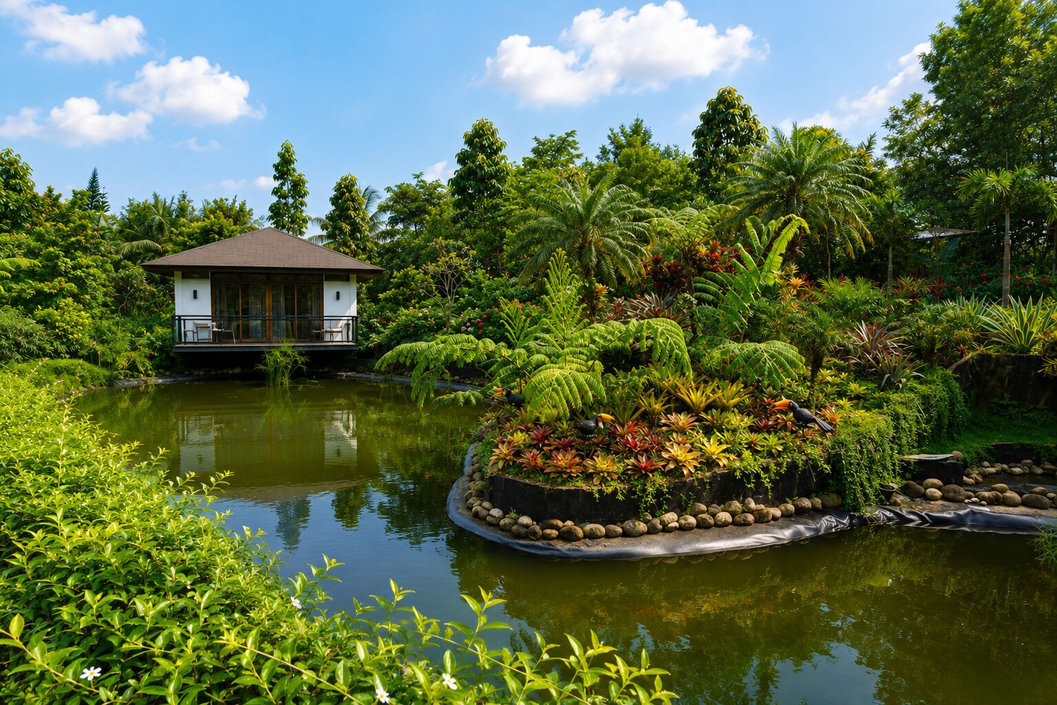 A serene pond with a small island garden, surrounded by lush greenery and a single-story building with a balcony.