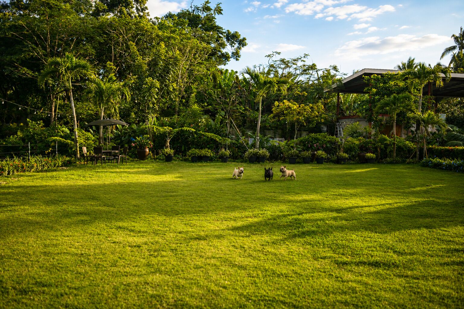 A grassy outdoor area with trees and a covered structure.