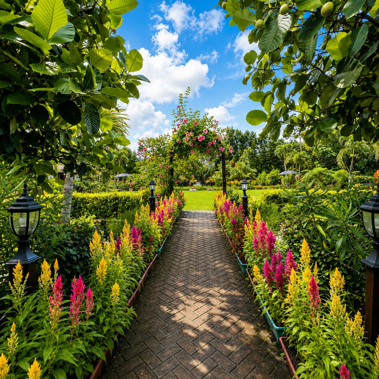Un sendero en un jardín con superficie de ladrillo, rodeado de flores coloridas y abundante vegetación.