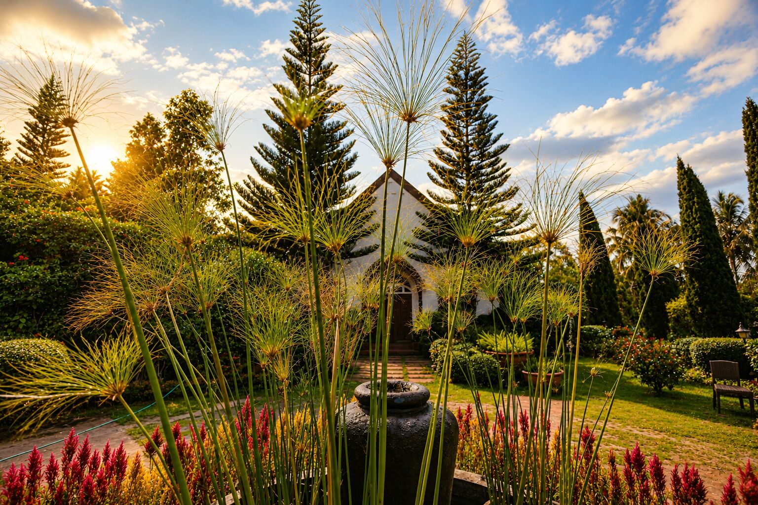 A garden with tall trees, a fountain, and a building with a white facade.