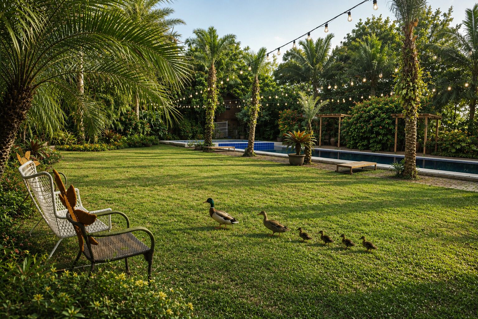 A grassy outdoor area with a pool, palm trees, and a chair.
