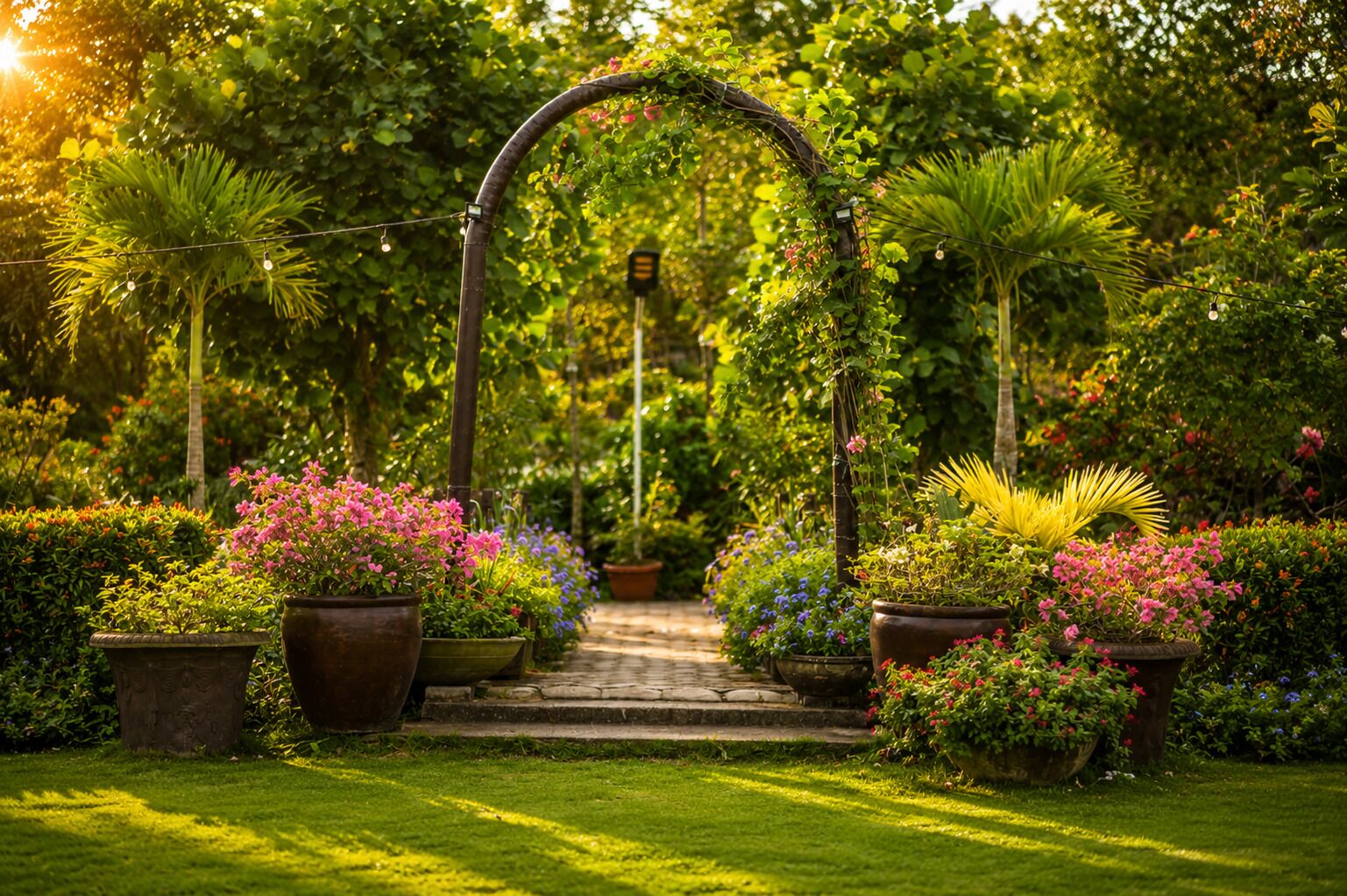 A garden pathway leading to a covered archway surrounded by lush greenery and flowering plants.