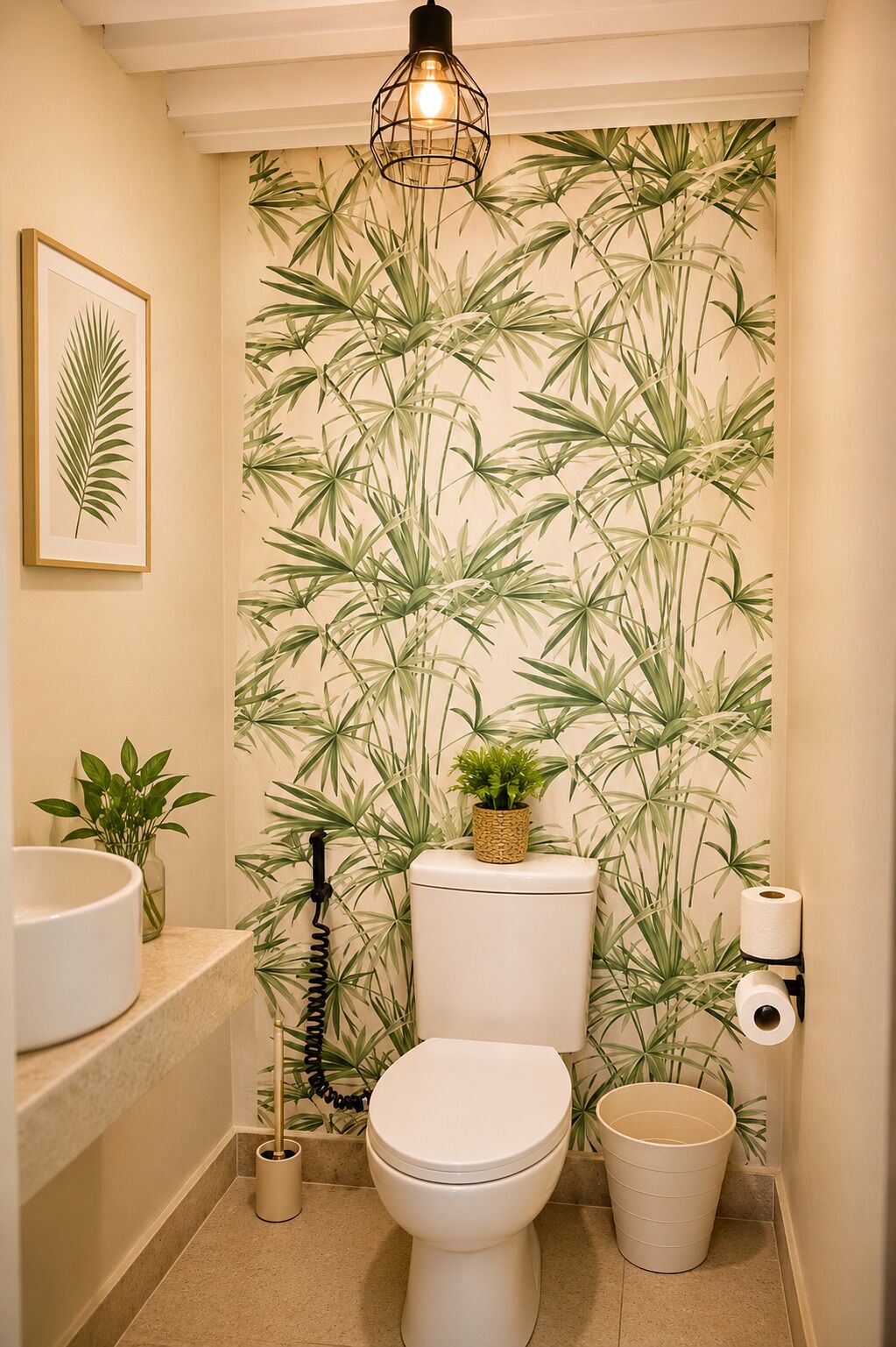 Un baño con inodoro, lavamanos y zona de ducha. Hay una lámpara en la pared sobre el inodoro.