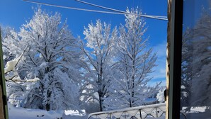 A snowy landscape with trees and a metal railing.