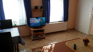 Un salon avec un téléviseur, une table, une chaise et un radiateur.